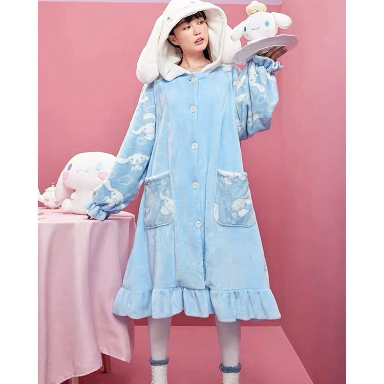 Hot Home Clothes Cinnamoroll Coral Fleece Winter Warm Nightgown Hooded  Pajamas