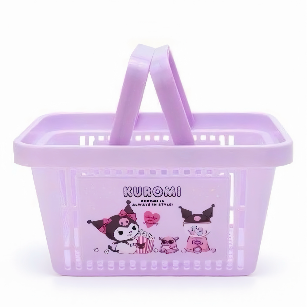 Purple shopping basket with Kuromi character design on a white background