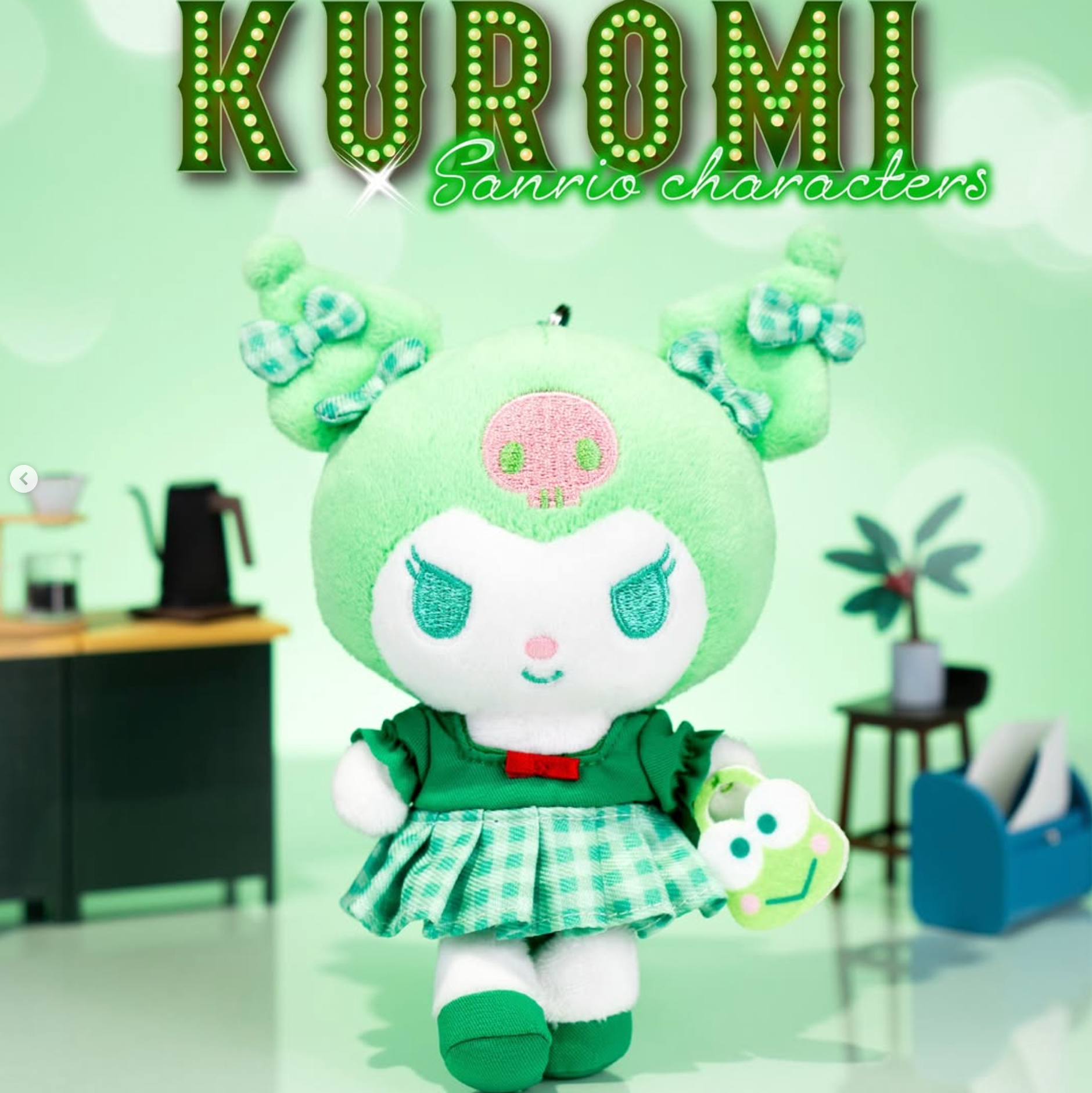 kuromi x kerokeroppi Plush toy of a character from Sanrio with a green background