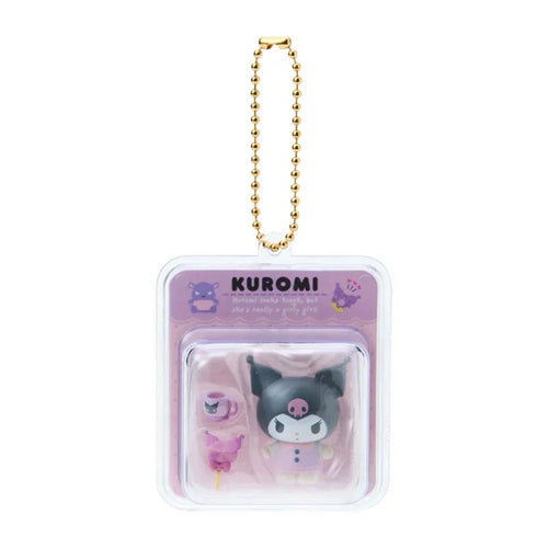Kuromi character keychain in packaging with gold chain on white background